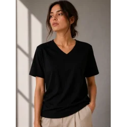 V Yaka Basic Tişört Kısa Kol Yazlık Regular Fit T-Shirt - Siyah