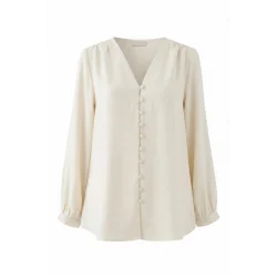 V Yaka Düğmeli Arkası Uzun Gömlek -Ekru