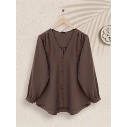 V Yaka Düğmeli Arkası Uzun Gömlek -Kahve