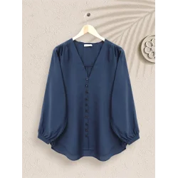 V Yaka Düğmeli Arkası Uzun Gömlek -Laci