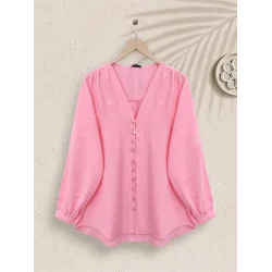 V Yaka Düğmeli Arkası Uzun Gömlek -Pembe