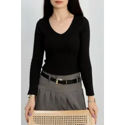V yaka kaşkorse bluz siyah a3699