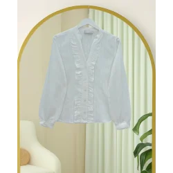 V Yaka Önü Fırfırlı Tensel Yari Transparan Buket Gömlek -Beyaz