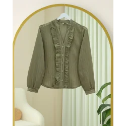 V Yaka Önü Fırfırlı Tensel Yari Transparan Buket Gömlek -Haki