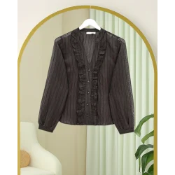 V Yaka Önü Fırfırlı Tensel Yari Transparan Buket Gömlek -K. Kahve