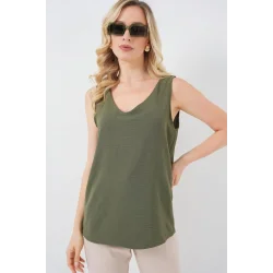 V Yaka Sıfır Kol Bluz 950 - Haki