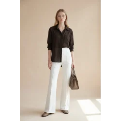 V Yaka Tek Cepli Tensel Yarı Transparan Çizgili Gömlek -K. Kahve