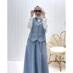 V Yaka Yelekli Etekli Kot Takım -Buz Mavi