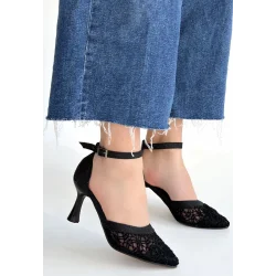 Weja Siyah Cilt Tül Detaylı Simli Topuklu Ayakkabı