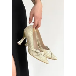 Wenda Gold Simli Cilt Topuklu Ayakkabı