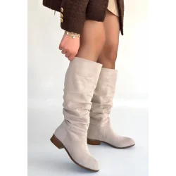 Winda Bej Süet Körüklü Topuklu Çizme