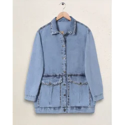 Yaka Ve Ceplerinde Taş İşlemel Kot Ceket -Buz Mavi