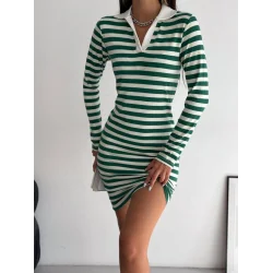 Yakalı Çizgili Uzun Kol Elbise -Yeşil