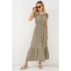 Yakası Büzgü Detaylı Elbise 2544 - Yağ Yeşil