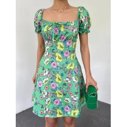 Yakası Lastikli Bağcık Detaylı Mini Elbise -A.Yeşil