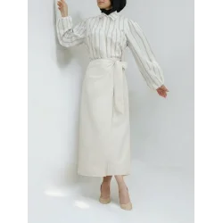 Yandan Bağlamalı Keten Etek -Bej