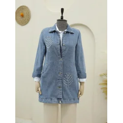 Yaprak Taş Detaylı Kot Ceket -Buz Mavi