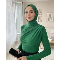 Yarım Boğaz Büzgülü Sandy Bluz -Yeşil