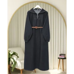 Yarım Boğazlı Fermuarlı Cepli Kot Elbise  -Antrasit