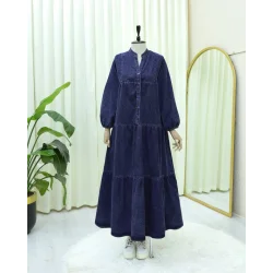 Yarım Düğmeli Kolu Lastikli Yarasa Kol Kot Elbise  -Laci