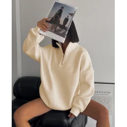 Yarım Fermuarlı Üç İplik Sweatshirt - Bej