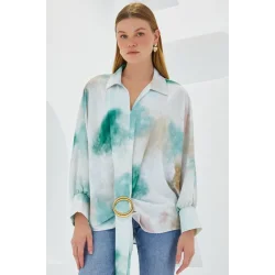 Yeşil Ekru Oversize Dökümlü Saten Gömlek 907