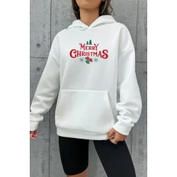 Yılbaşı Merry Christmas Baskılı Oversize Kapüşonlu Sweatshirt Hoodie - Beyaz