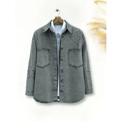 Yıldız Taş Baskılı Çift Cepli Kot Ceket -Füme