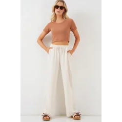 Yüksek Bel Bol Paça Pantolon - Krem