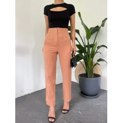 Yüksek Bel Cep Detaylı Fermuarlı Pantolon  -Tarçın