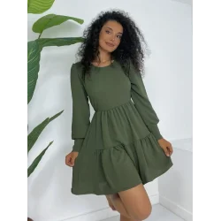 Yuvarlak Yaka Beli Lastikli Eteği Katlı Ayrobin Elbise -Haki