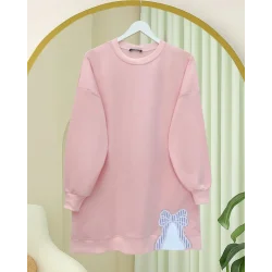 Yuvarlak Yaka Eteği Fiyonk Detaylı  Salaş Penye Tunik  -Pudra