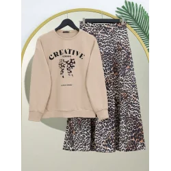 Yuvarlak Yaka Fiyonk Baskılı Leopar Etekli Takım -Bej