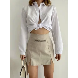 Zincir detaylı çizgili şort etek