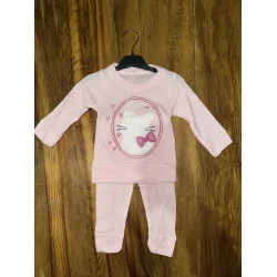 3-12 aylık kedi desen işlemeli takım pembe