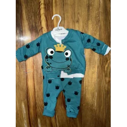 3-12 aylık kurbağa desenli üçlü takım koyumavi