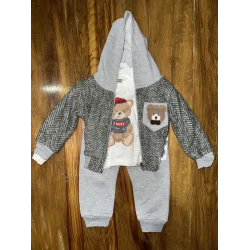 6-24 aylık ceketli kapşonlu üçlü takım gribeyaz