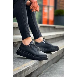 KB-X155 Kuback Siyah Cilt Detaylı Siyah Yüksek Taban Günlük Spor Ayakkabı