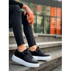 KB-X155 Kuback Siyah Cilt Siyah Süet Detaylı Beyaz Yüksek Taban Günlük Spor Ayakkabı