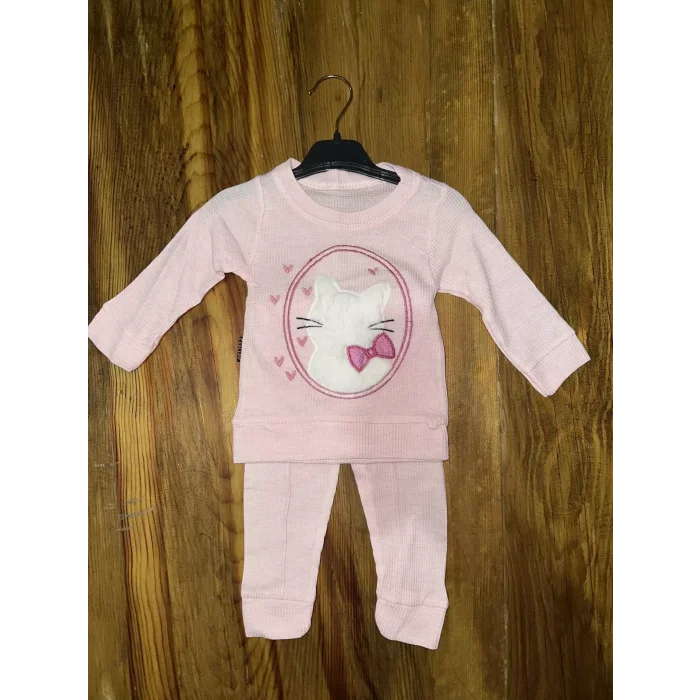 3-12 aylık kedi desen işlemeli takım pembe