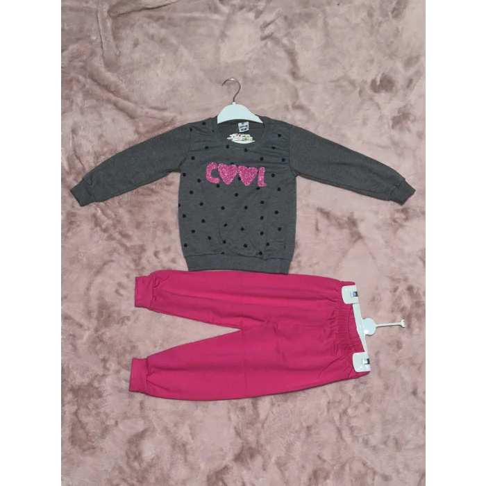 3-7 yaş pontiyeli ikili alt üst takım gri fuşya kız çocuk