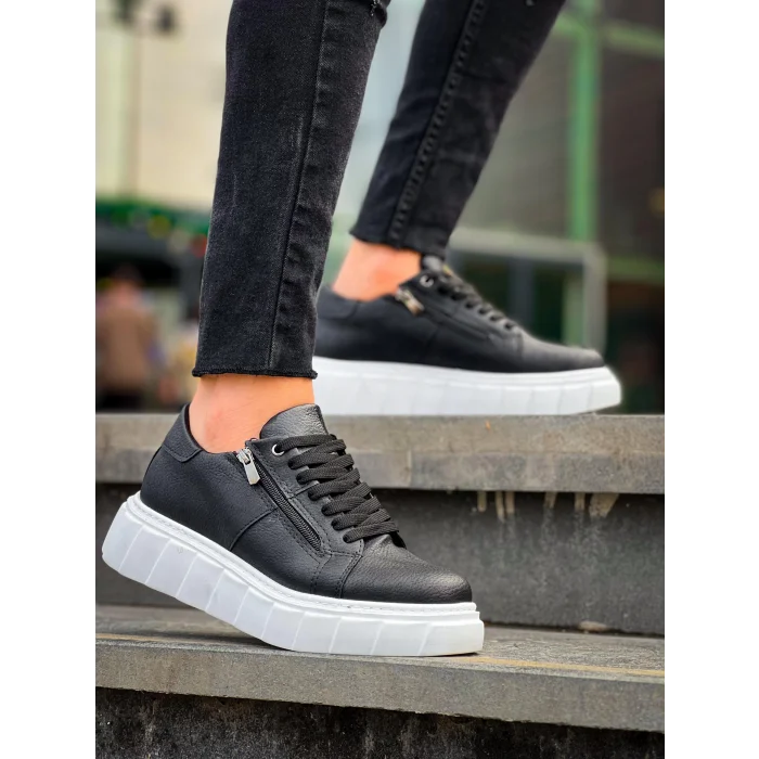 KB-X155 Kuback Siyah Cilt Detaylı Beyaz Yüksek Taban Günlük Spor Ayakkabı