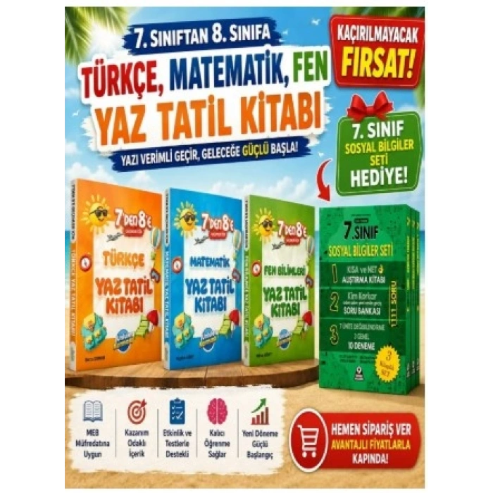 Ünlüler Karması 7.SINIFTAN 8 E TÜRKÇE MATEMATİK FEN YAZ TATİL KİTABI VE 7.SINIF SOSYAL BİLGİLER SETİ HEDİYELİ