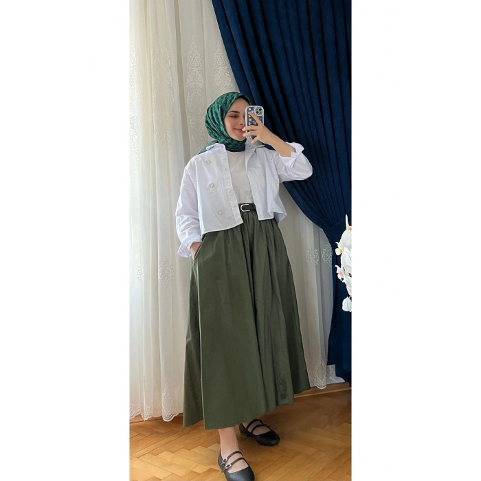 Yeşil Poplin Cepli Etek