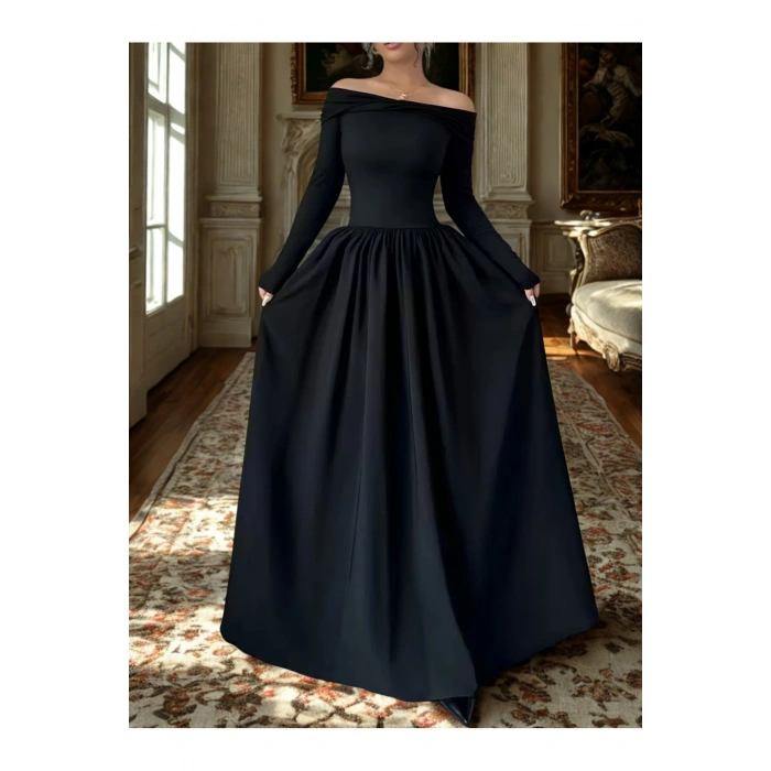 Kadın, Yaka Detaylı Uzun Kollu, Siyah, Cepli Uzun Elbise