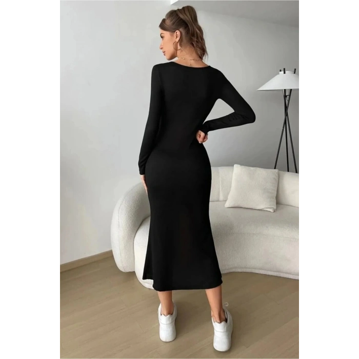 Siyah Kare Yaka Uzun Kollu Likralı Maxi Uzun Elbise