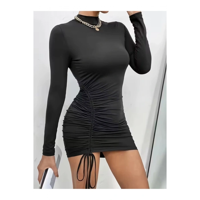 Kadın Siyah Uzun Kollu Balıkçı Yaka Büzgülü Mini Elbise