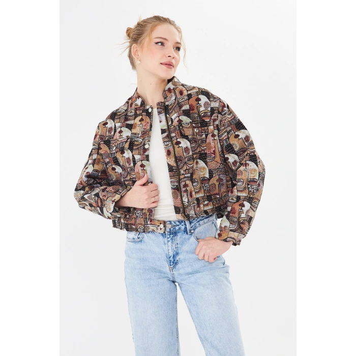 Tok Kumaş Dokuma Desenli Crop Kadın Astarlı Ceket – Premium Mevsimlik Tasarım