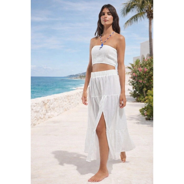 Straplez Büzgülü Crop Top Bluz