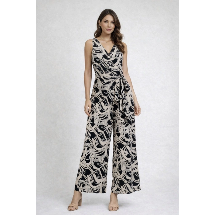 “Siyah Bej Desenli Kadın Tulum | V Yaka, Belden Kuşaklı, Bol Paça Şık Kesim